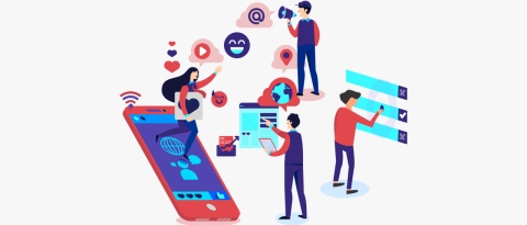 Auf dem Bild sind viele verschiedene Symbole zu sehen, die wir mit dem Internet und sozialen Netzwerken verbinden. Zum Beispiel ein Handy, aus dem eine Person herauszuspringen scheint, um mit anderen Personen zu sprechen, Herz-Symbole, wie man sie benutzt, um Likes zu vergeben, ein @-Zeichen, ein W-Lan-Symbol und vieles mehr. 