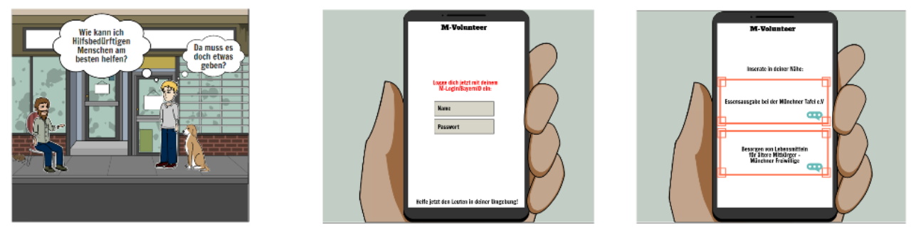 Three pictures, each in a tile, arranged next to each other. The first picture shows a person in need of help and a young man with a dog, above which a speech bubble says: 