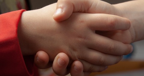 Auf dem Bild sieht man, wie sich zwei Menschen die Hand geben. Die Hände scheinen Kindern zu gehören. Von der linken Person sieht man den roten Ärmel.