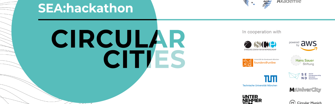 Blue, black and white logo for the hackathon of the Social Entrepreneurship Academy (SEA) on the topic of 