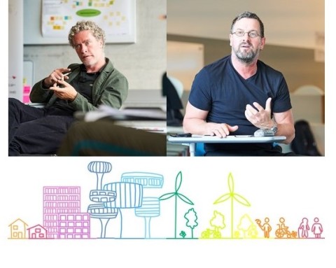 Prof. Kretschmann und Prof. Janßen, darunter die Grafik von Stadt der Zukunft