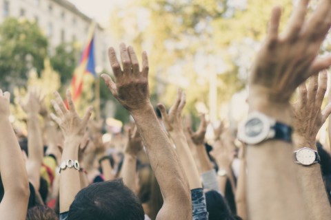 viele Händer erhoben auf einer Demonstration