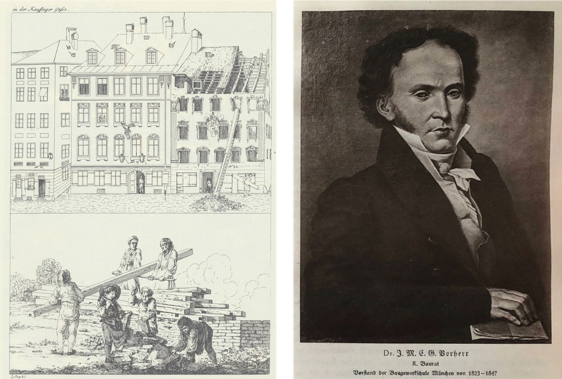 Bild Gustav Vorherr und Illustration Bauhandwerker um 1800 (Quelle: Foto „Gustav Vorherr“ aus Selzer, Staatsbauschule, S. 24) Bild Gustav Vorherr und Illustration Bauhandwerker um 1800