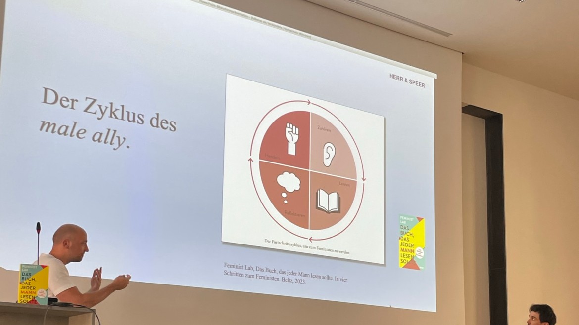 Grafik Der Zyklus des male ally - Präsentation an einer Leinwand