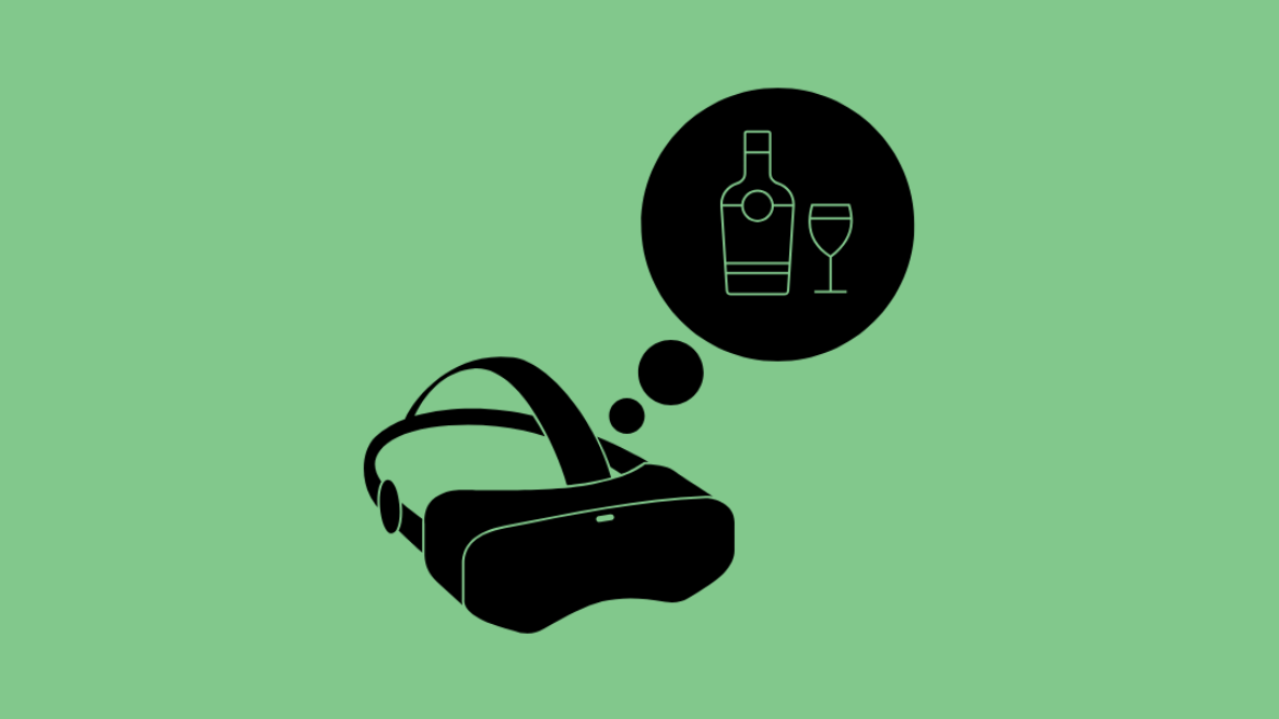 Grafik VR-Brille mit Alkohol in Gedankenblase