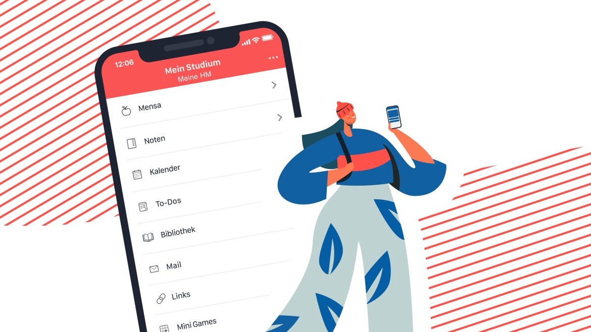 HM-App ersetzt das Schwarze Brett (Bild: Hochschule München) Illustration der HM-App mit ihren Funktionen
