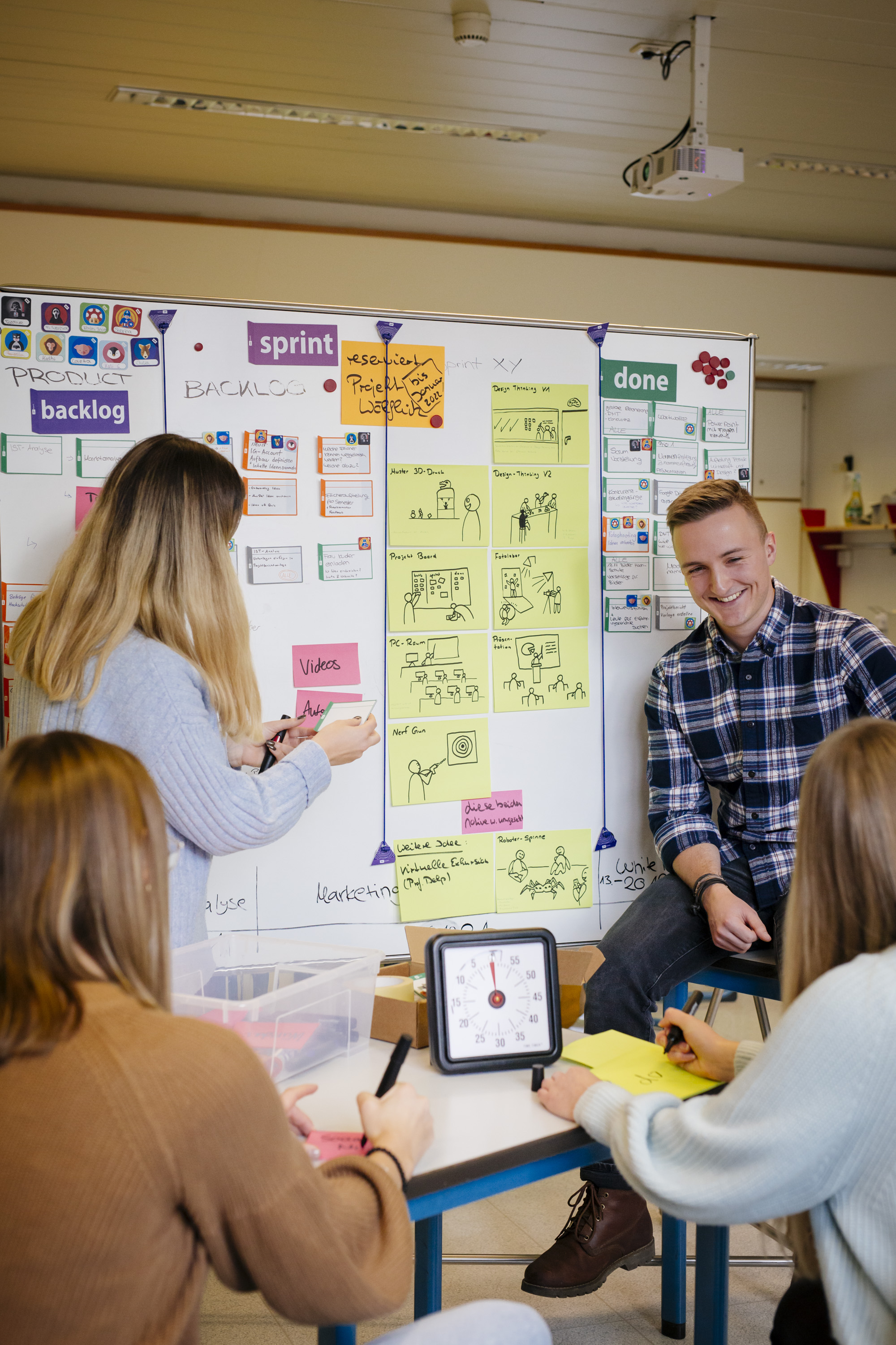 Projektgruppe Studierende vor Wand mit Post-its