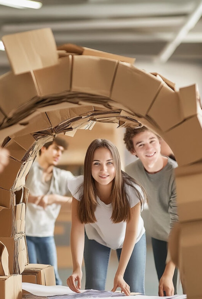 Schüler und Schülerinnen beim Brückenbauen aus Papier (BayPapier) Schüler und Schülerinnen beim Brückenbauen aus Papier