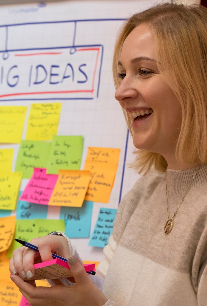 Studierende vor Post-it-Zettelwand