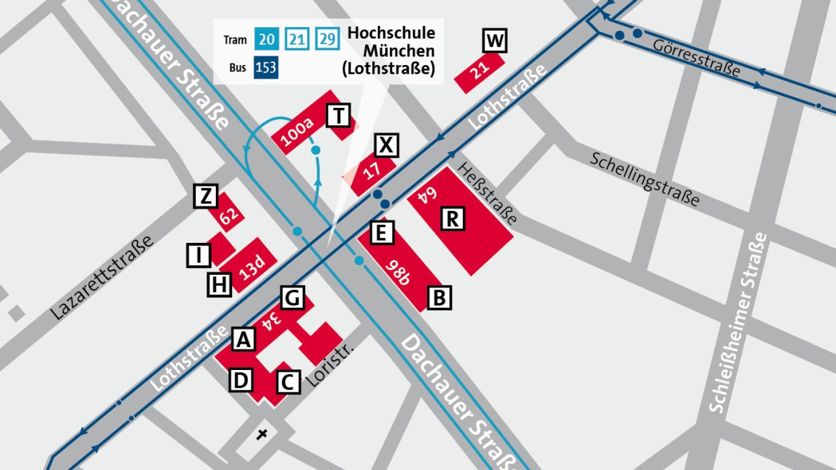 Lageplan Lothstraße (Grafik: Hochschule München) Lageplan Lothstraße
