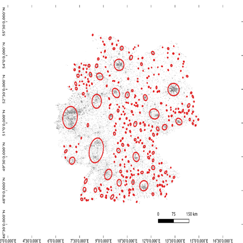 Abbildung 2: Die Besiedelungsstruktur von Deutschland als Gaussian Mixture Model: jede Ellipse entspricht einer urbanen Agglomeration, die auch aus mehreren Einzelstädten bestehen kann.