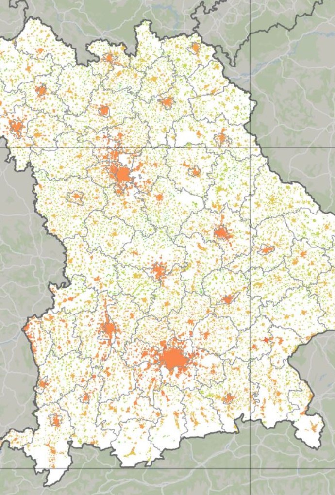 Potenzialkarte für Dorfgemeinschaftshäuser in besiedelten Gebieten Bayerns (Abbildung: Thomas Röhrl, Geobasisdaten: GeoBasis-DE / BKG 2024; MapTiler; OpenStreetMap Mitwirkende) Thematische Karte
