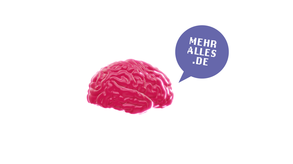 Bild zeigt ein illustriertes Gehirn mit einer Sprechblase, auf der „mehralles.de“ steht. 